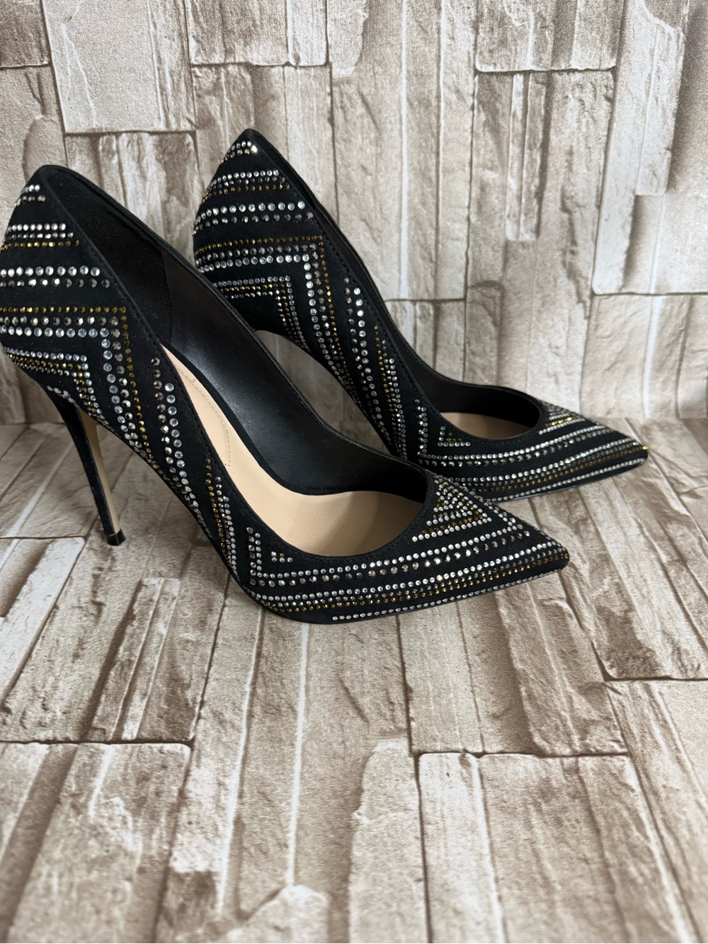 Aldo Lardonna Black Pointed-Toe Stiletto Pumps with Crystal Studs